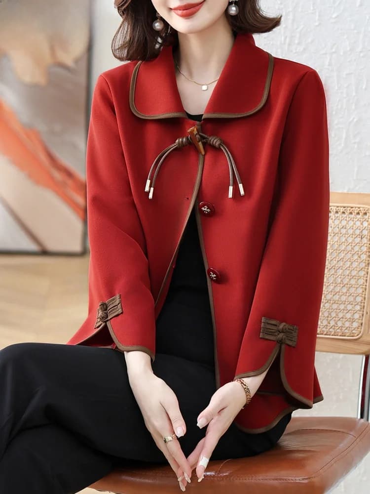 New Chinese Style Short Coat Mommy Autumn Clothes Women's Fashion Loose Fit Open Cardigan Jacket Collar Pure Color