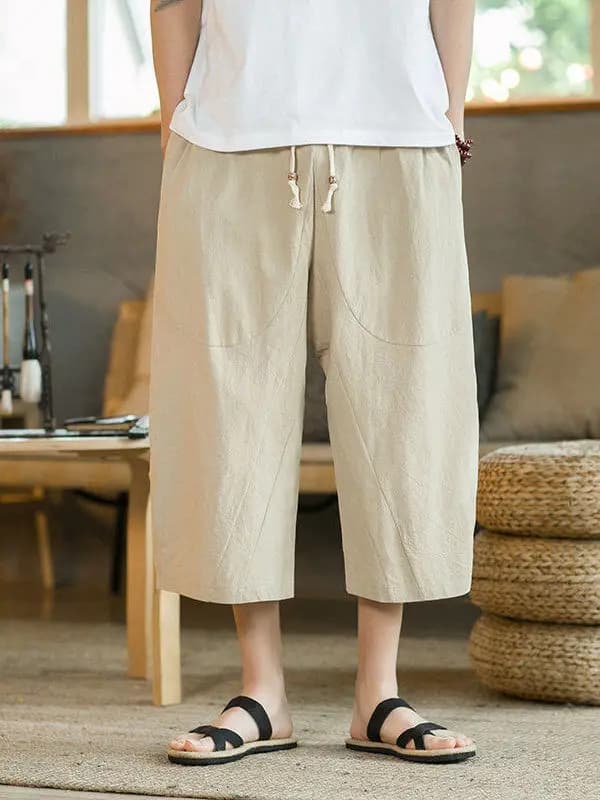 Cotton Linen Wide Leg Seven-Foot Pants Loose Thin Young Men Summer Large Size Casual Shorts Flat Weave No Ironing Required