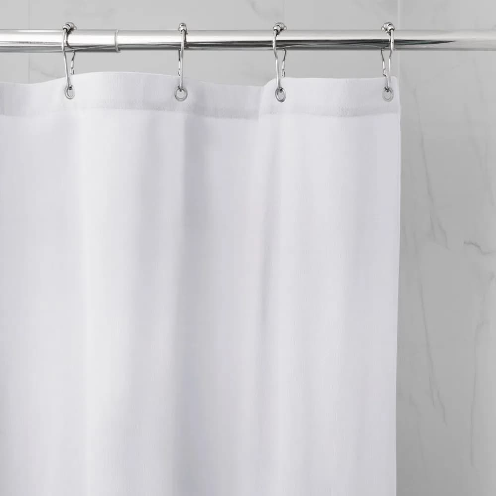White Waterproof Fabric Shower Curtain Liner, Mildew and Mold Resistant Heavy Duty Water Repellent Bath Liner with Reinforced Grommet Holes, Machine Washable Durable Bathroom Accessory for Bathtub and Shower Stalls, Prevents Water Splashing