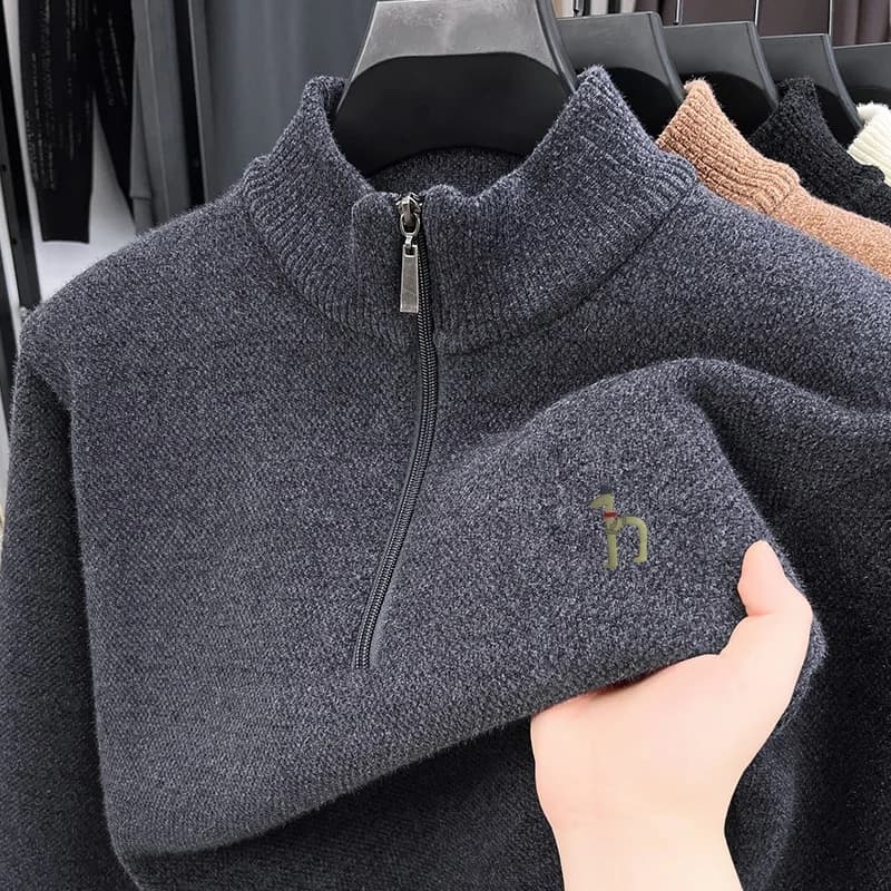 Maglione lavorato a maglia da uomo di qualità originale di vendita caldo Mezza zip Peluche Colletto rialzato spesso Pullover con stampa di cani Abbigliamento invernale caldo da uomo