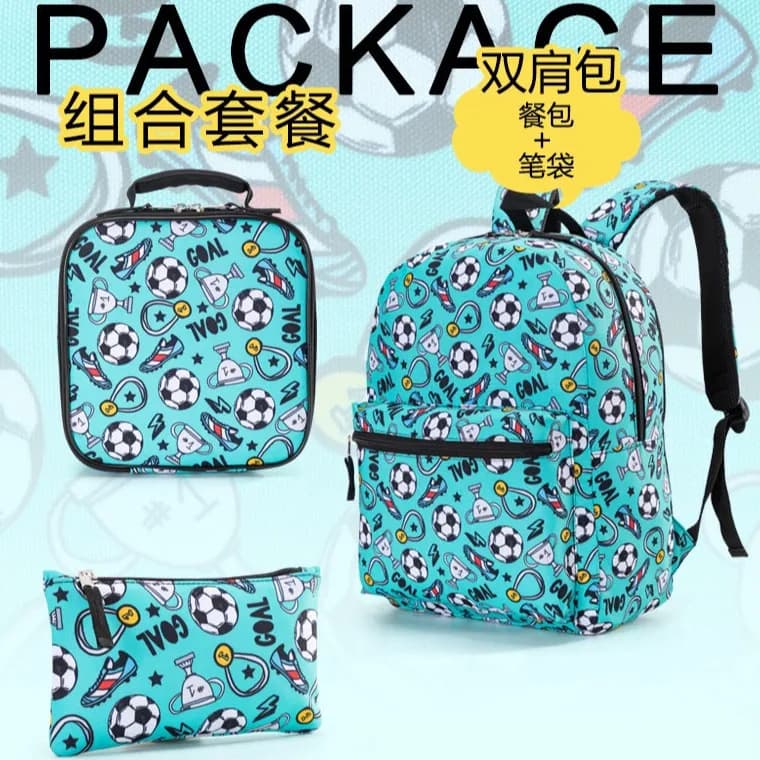 Boys Backpack 3 Piece Set Primary School Student School Bag Insulated Lunch Bag and Pencil Case Football Print