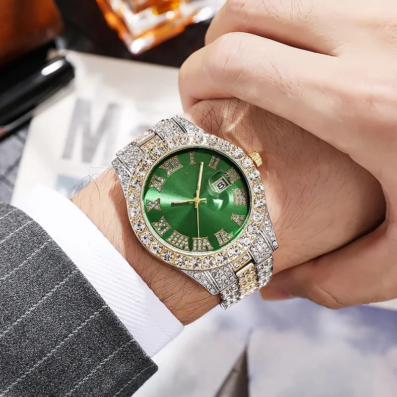 Orologio da uomo alla moda con diamanti pieni, cinturino in acciaio inossidabile, orologi da polso al quarzo maschile, data, calendario