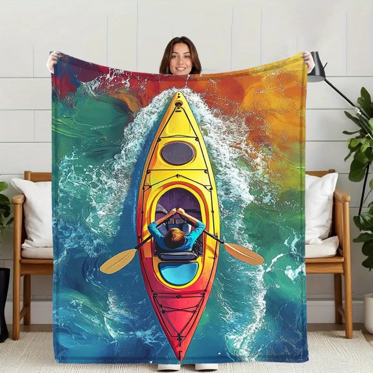 Coperta stampata in flanella con motivo Esplorazione di canoa oceanica adatta a tutte le stagioni adatta per divano da ufficio e viaggi