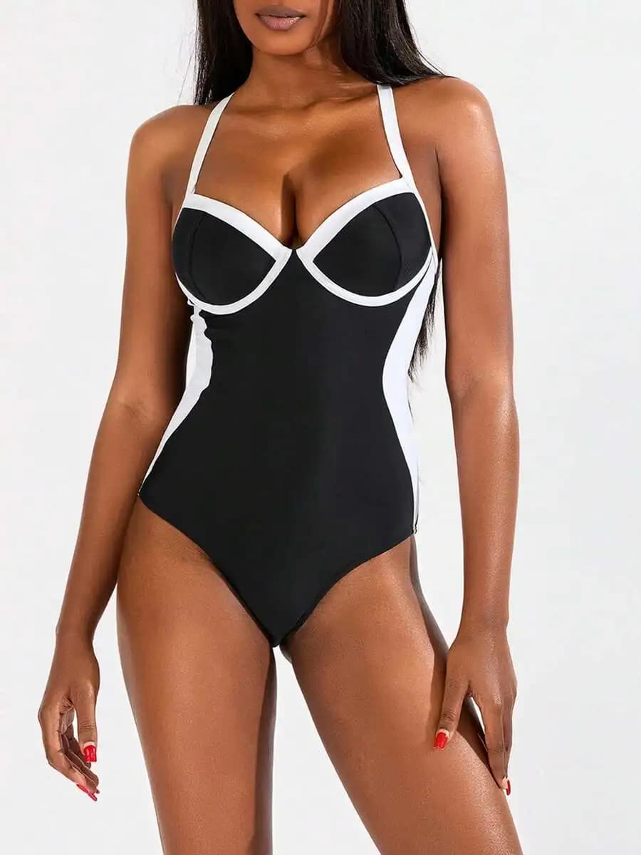 Womens Monokini Swimsuit Tight Fitted Contrast Black White Solid Sleeveless Open Back Bathing Suit
