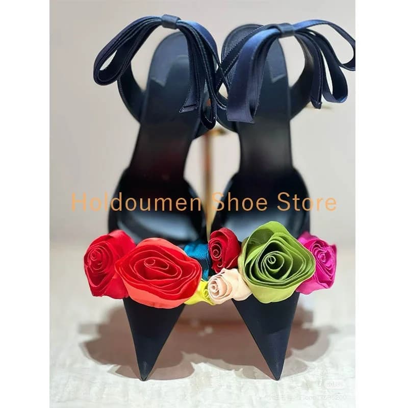 Elegant Summer Sandals with Spilled Heel, Colorful Floral Design, Closed Toe, in Dark Blue Satin, with Heel Strap