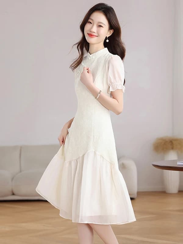 Elegant Chinese Style Short Sleeve Midi Dress Women's Fashion Summer 2026 New Chiffon A-Line Skirt High Waist Zipper Closure