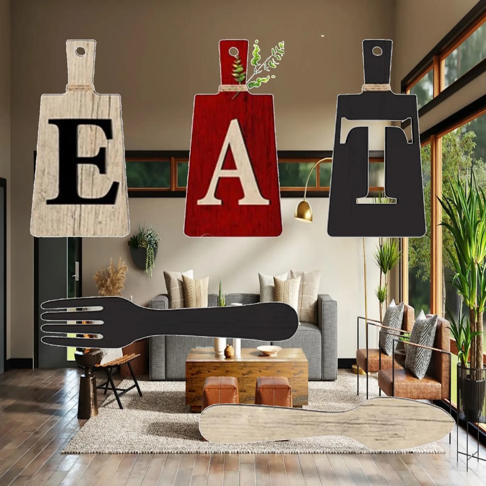 Large Wooden Eat Sign Set Country Wall Decor Primitive Cutting Board Design for Kitchen Dining Room House
