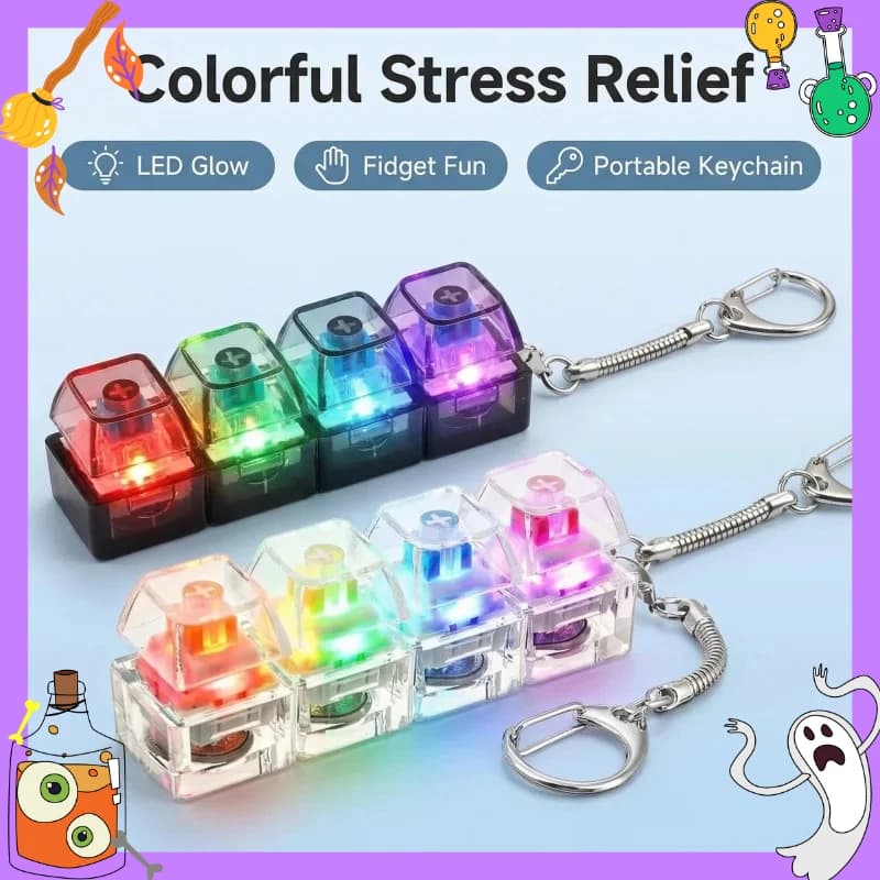 ！Mechanical Keyboard Keychain LED Light Up Fidget Toy 4 Switches Clicky Sound Stress Relief Keyring Cool Gamer Gift ForBoysGirls