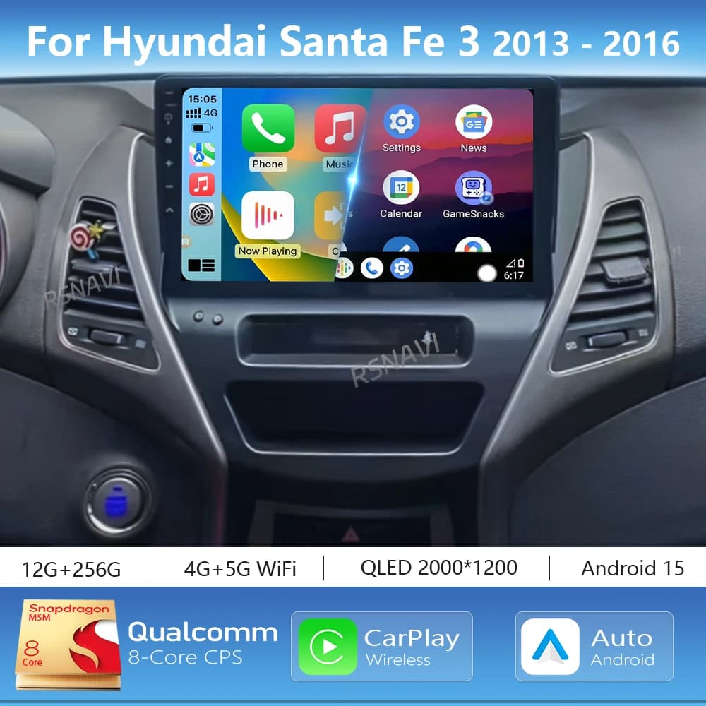 Android 16 Carplay Auto 2K Screen Car Radio Multimedia Player For Hyundai Santa Fe 3 2013 - 2016 Autoradio GPS Stereo Head Unit