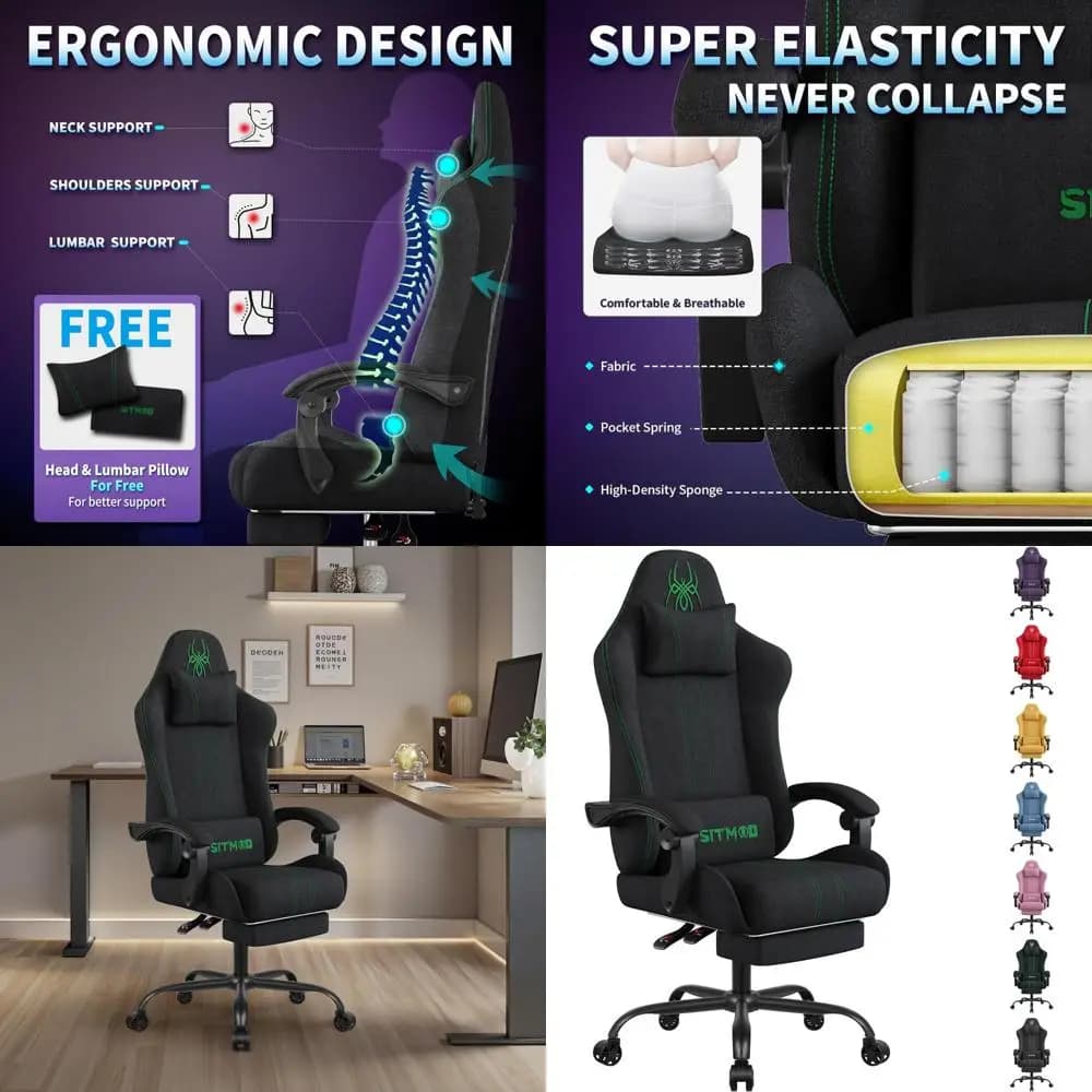 Sedia da gioco ergonomica e traspirante con poggiapiedi, poggiatesta e supporto lombare per giocatori grandi e alti, comodo computer Chai