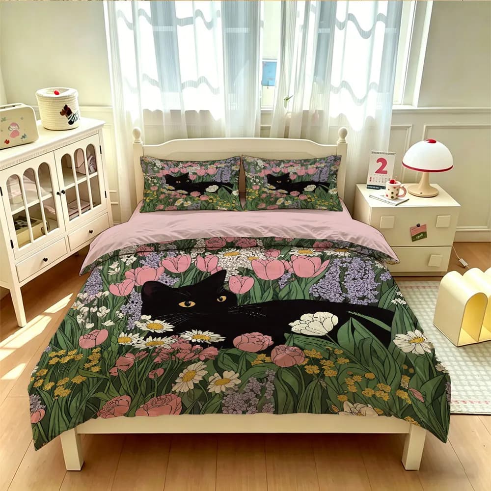 3PCS Flower Cat Print Duvet Cover Set Coreless1 Duvet Cover 2 Pillowcases Bedroom Bedding, Machine Washable Decoration