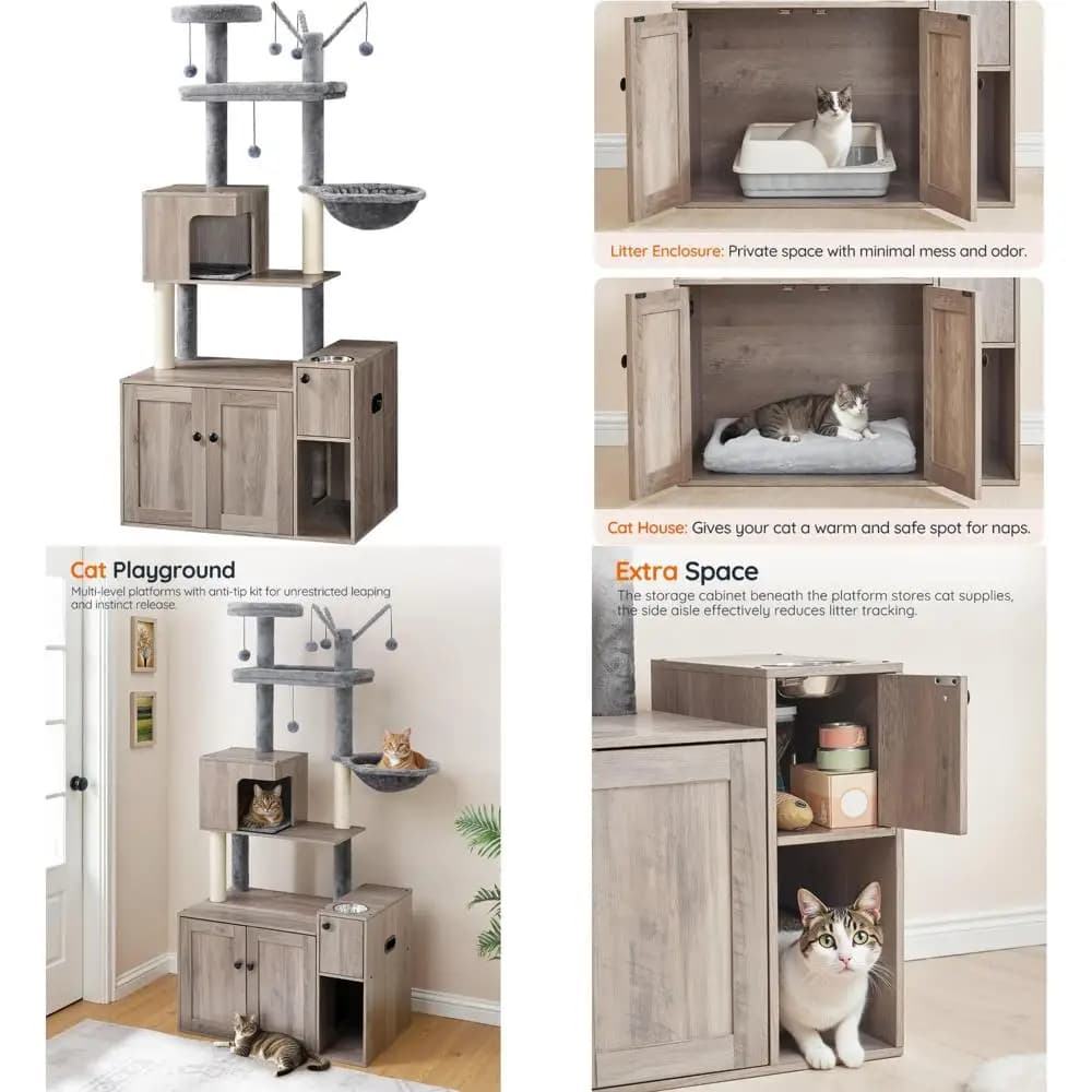 high cat tree with litter container, 68.9" high tower included food and container bowl, hidden litter furniture