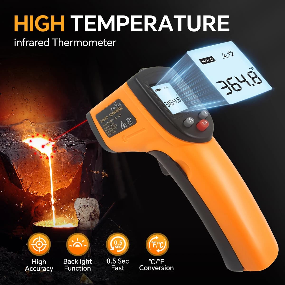 Termometro Digitale a Infrarossi Senza Contatto, Pistola Termica Laser Portatile per Cucina, Barbecue, Forno per Pizza