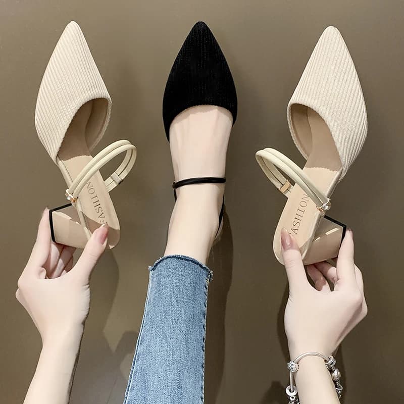 Mules with high Korean style heel for woman, summer, for outdoor, tip, with double function, type Mary Jane, covered toe slippers, half slippers