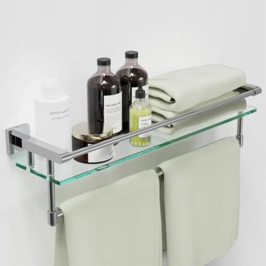 Mensole Galleggianti in Vetro da 24 Pollici per Parete con Barra/Supporto per Asciugamani, Mensola in Vetro Temperato con Ringhiera in Acciaio Inox SUS 304, per Bagno