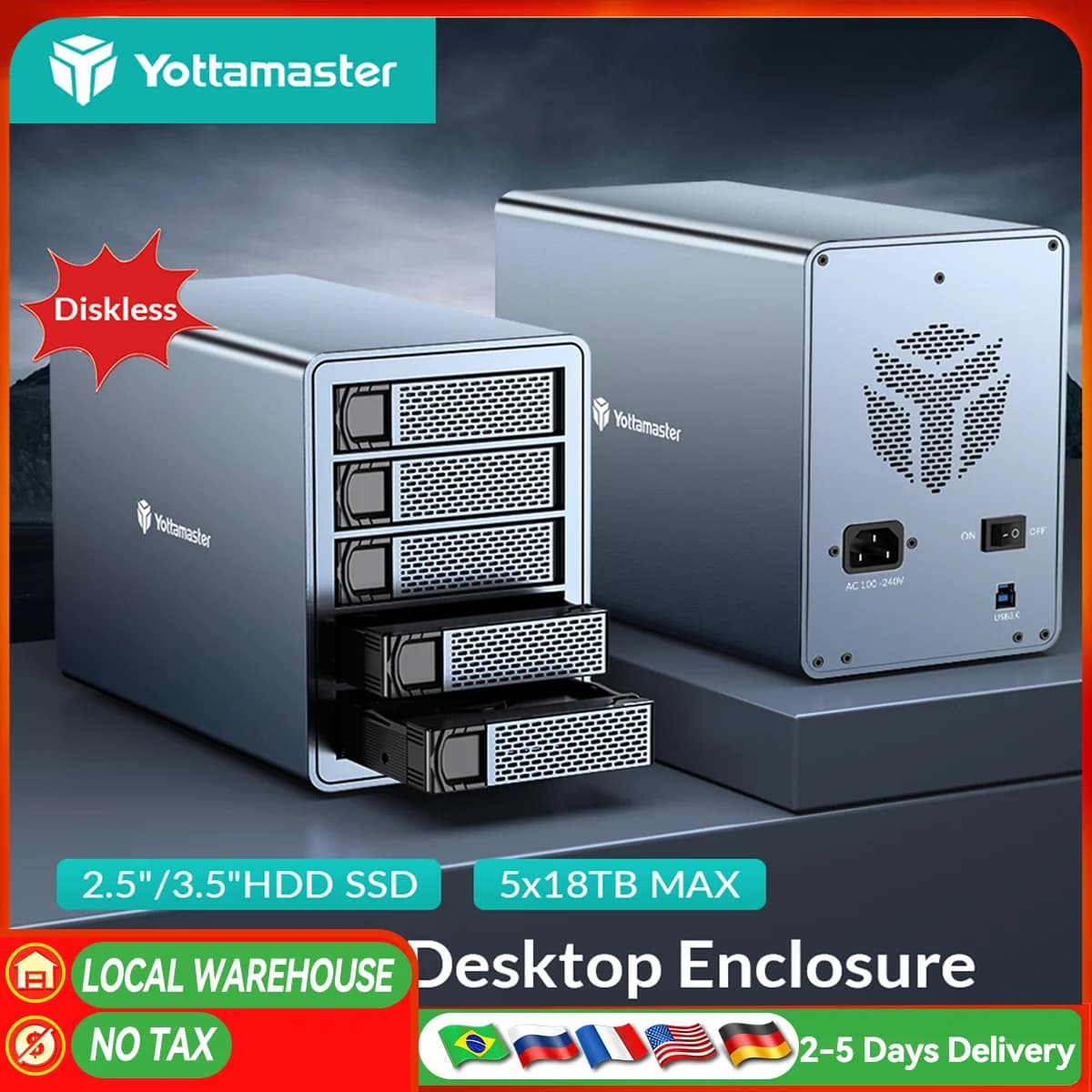 Yottamaster 5 Bay 4 Bay RAID Custodia per disco rigido esterno 2.5 "3.5" SATA HDD SSD Custodia per disco rigido in modalità RAID per il gioco
