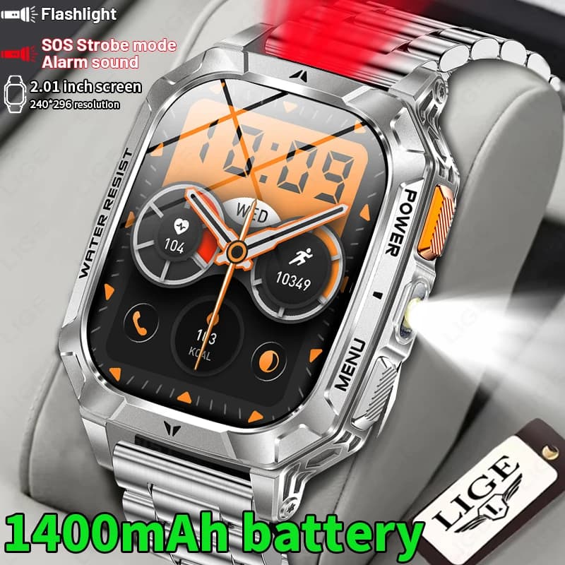 Nuovo Smartwatch da Uomo per Esterni con Batteria da 1400mAh, Torcia Militare, Impermeabile 10ATM, Chiamate Bluetooth, Sportivo per Adulti, Display AMOLED