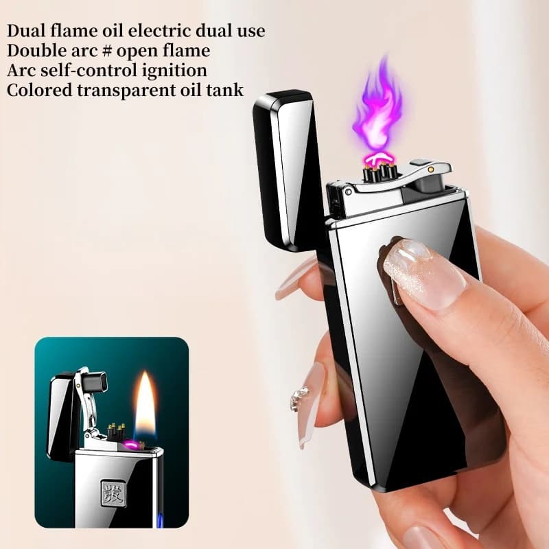 Novelty Oil Electric Dual Use Windproof Arc Lighter, Dual Arc And Open Flame Dual Use High-End Gift Cigarette Lighter