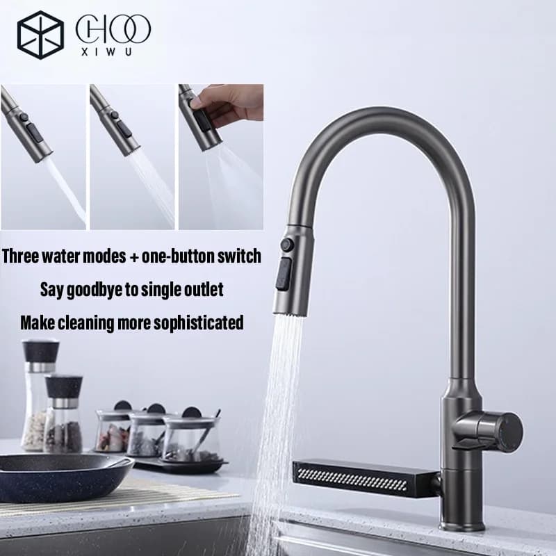 CHOOXI WU-Black Kitchen Faucet Four Functions Single Handle Pull Out Mixer Hot and Cold Water Taps Deck Mounted