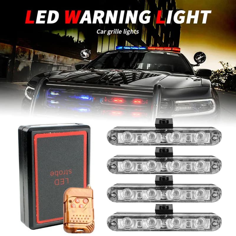 Luci stroboscopiche di emergenza 4 in 1 rosso blu Luci stroboscopiche della polizia 12V Luce di griglia flash con telecomando senza fili per auto camion furgone