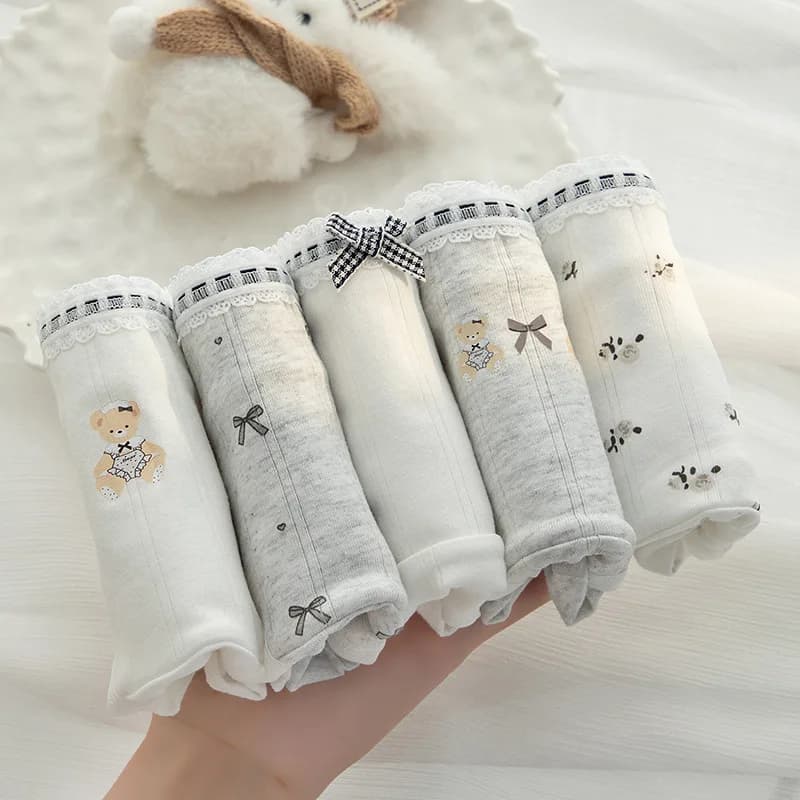 SP&CITY Cartoon Bear Cute Underwear for Women Mid Waist Sweet Lace Edge Bow Cotton Panties Student Soft Breathable Daily Briefs