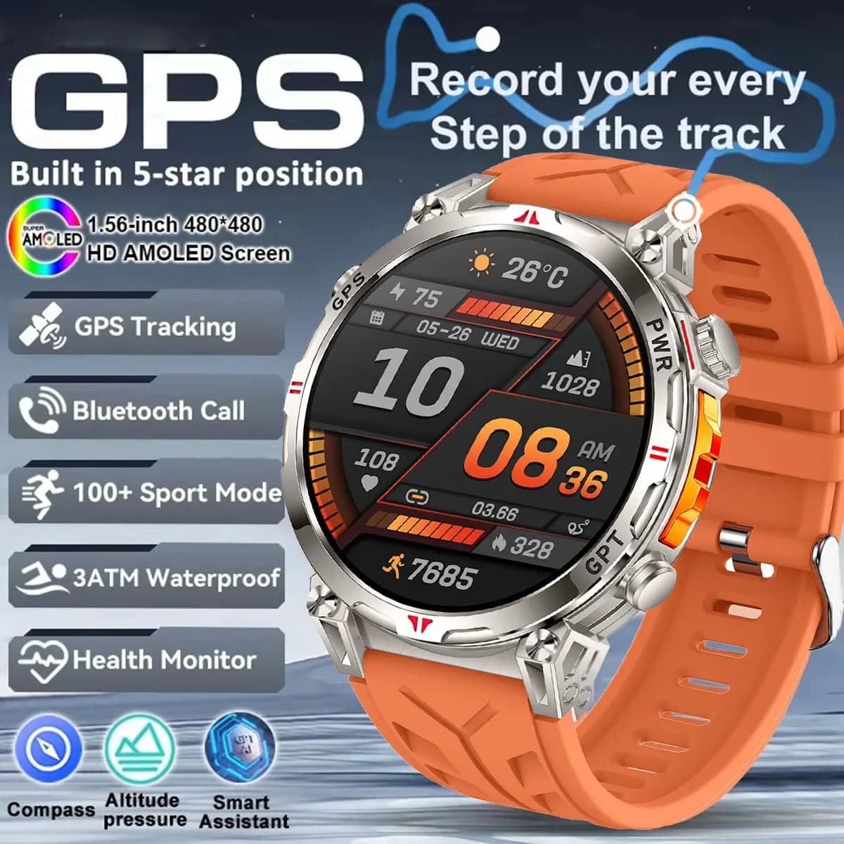 Professional Smart GPS Watch for Sport with AMOLED Screen, Waterproof 3ATM, Fitness Tracker, Cardiac Frequency Monitoring, Bluetooth Calls, 650mAh Battery
