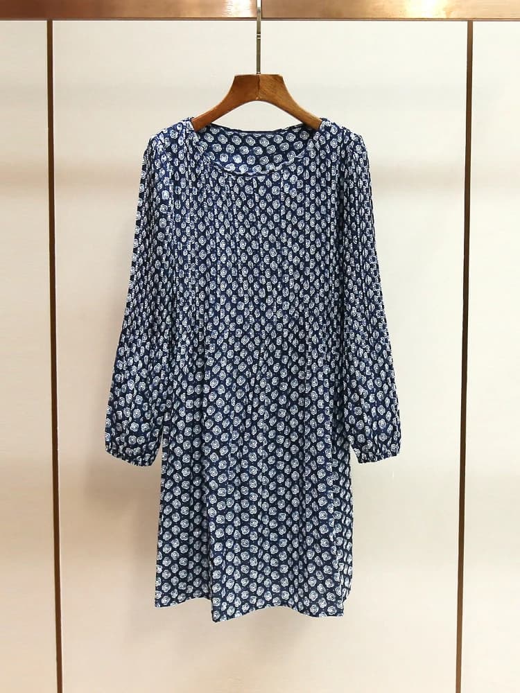 Summer New Item Light Mature Style Printed Simple Pleated Waist Slimming Long Sleeved Dress Diamond Painting Cross Stitch