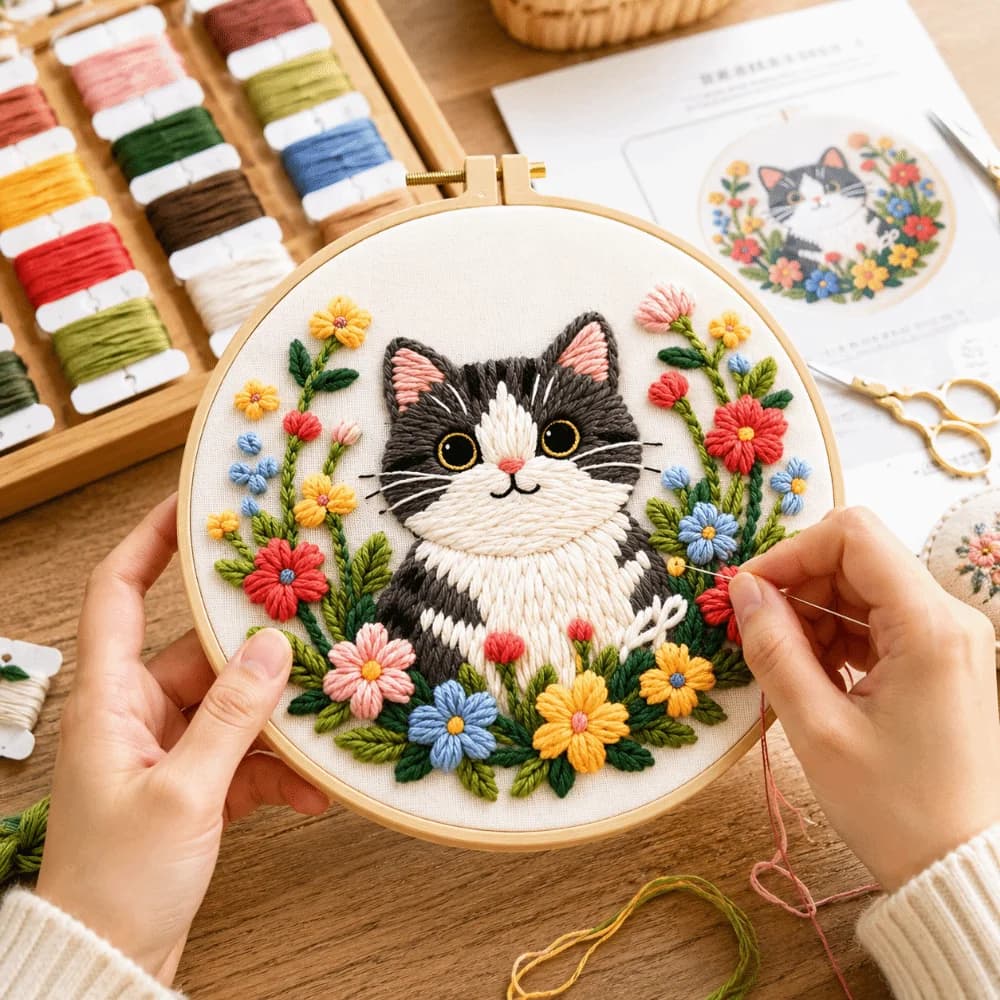 Creative DIY Embroidery Kit Colorful Handmade Flower Sewing Kits Hand-stitched Cat Punch Needle Kits Beginners