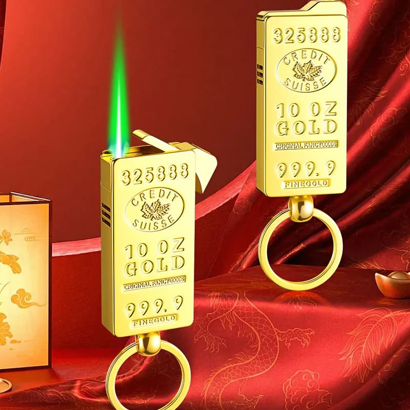 Accendino a Gas Creativo in Metallo a Forma di Lingotto d'Oro, Antivento, con Fiamma Verde a Getto, per Campeggio, Barbecue, Sigari, Candele, Regali, Accessori per Sigarette
