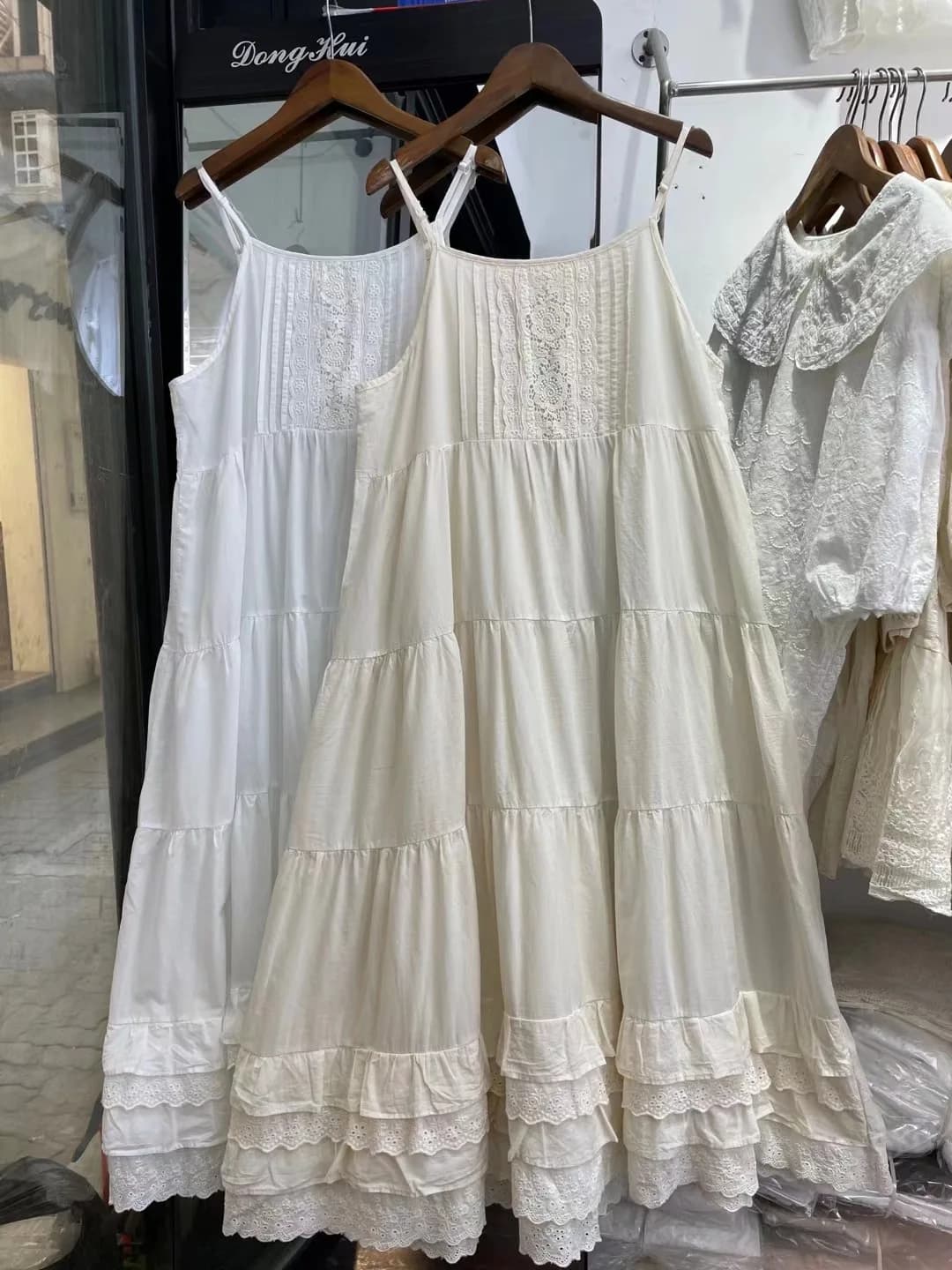Japan style mori girl sweet cotton hollow out ricama abito bianco donna spaghetti strap robe abito sottoveste beige bianco