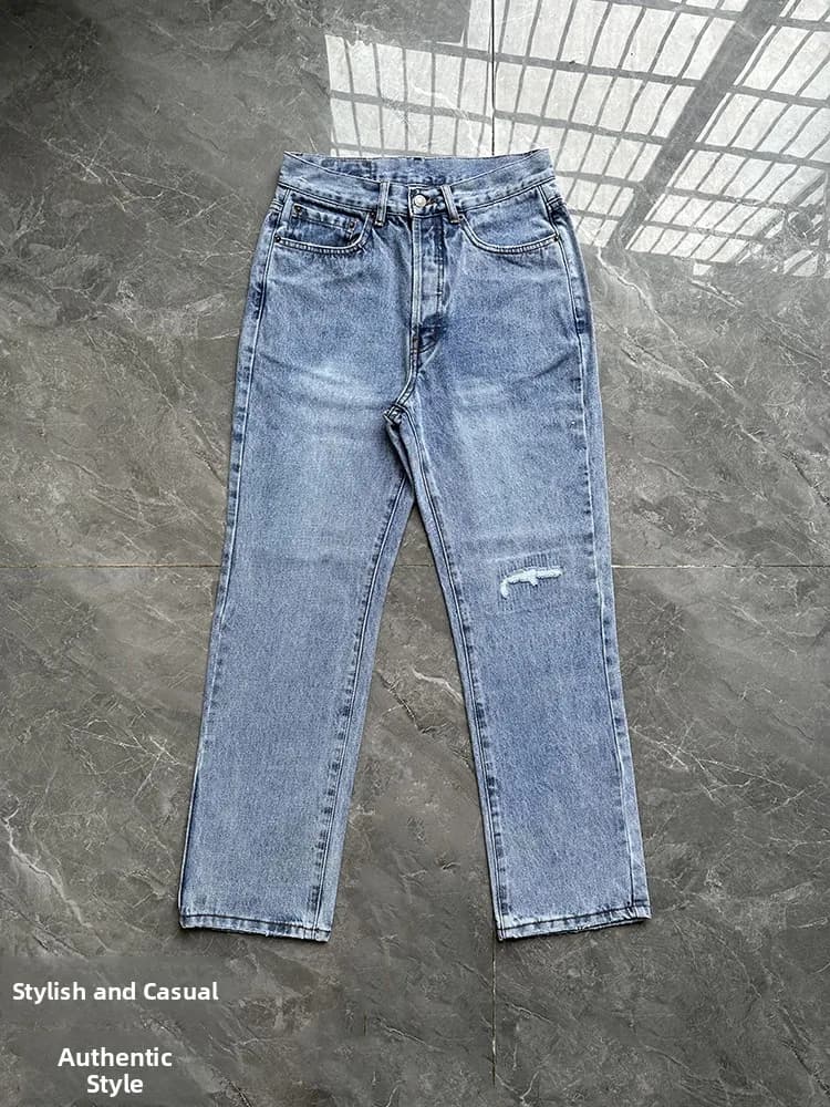 Randy's Vintage Straight Leg Blue Jeans Waed out Simple Design Worn-In Look Classic 50 Sle Durable Casual Men's Denim