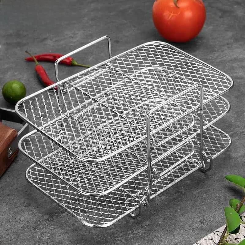 Griglia per Friggitrice ad Aria a Tre Strati in Acciaio Inossidabile, Staccabile, per BBQ Domestico, Ripiano Multiuso per Alimenti, Organizzatore per Cucina
