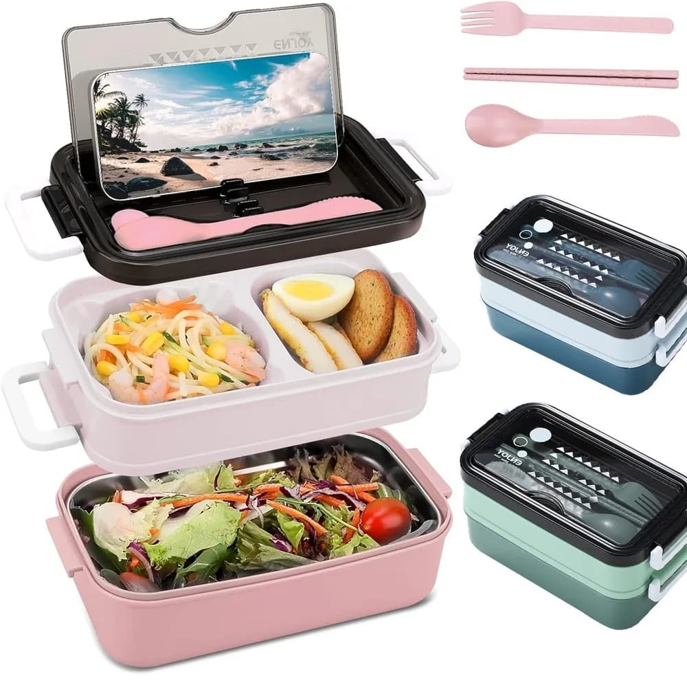Contenitore per Pranzo a Doppio Strato da 1000ml, Portatile con Scomparti, Adatto al Microonde, con Forchetta, Bacchette e Cucchiaio, Senza BPA