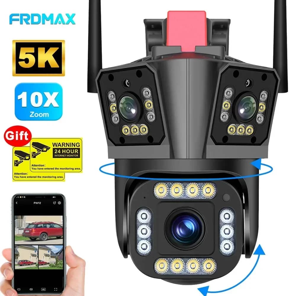 Telecamera di sicurezza esterna WiFi 5K 12MP con zoom 10X, triplo obiettivo, tracciamento automatico, CCTV P2P, sorveglianza PTZ per una protezione migliorata
