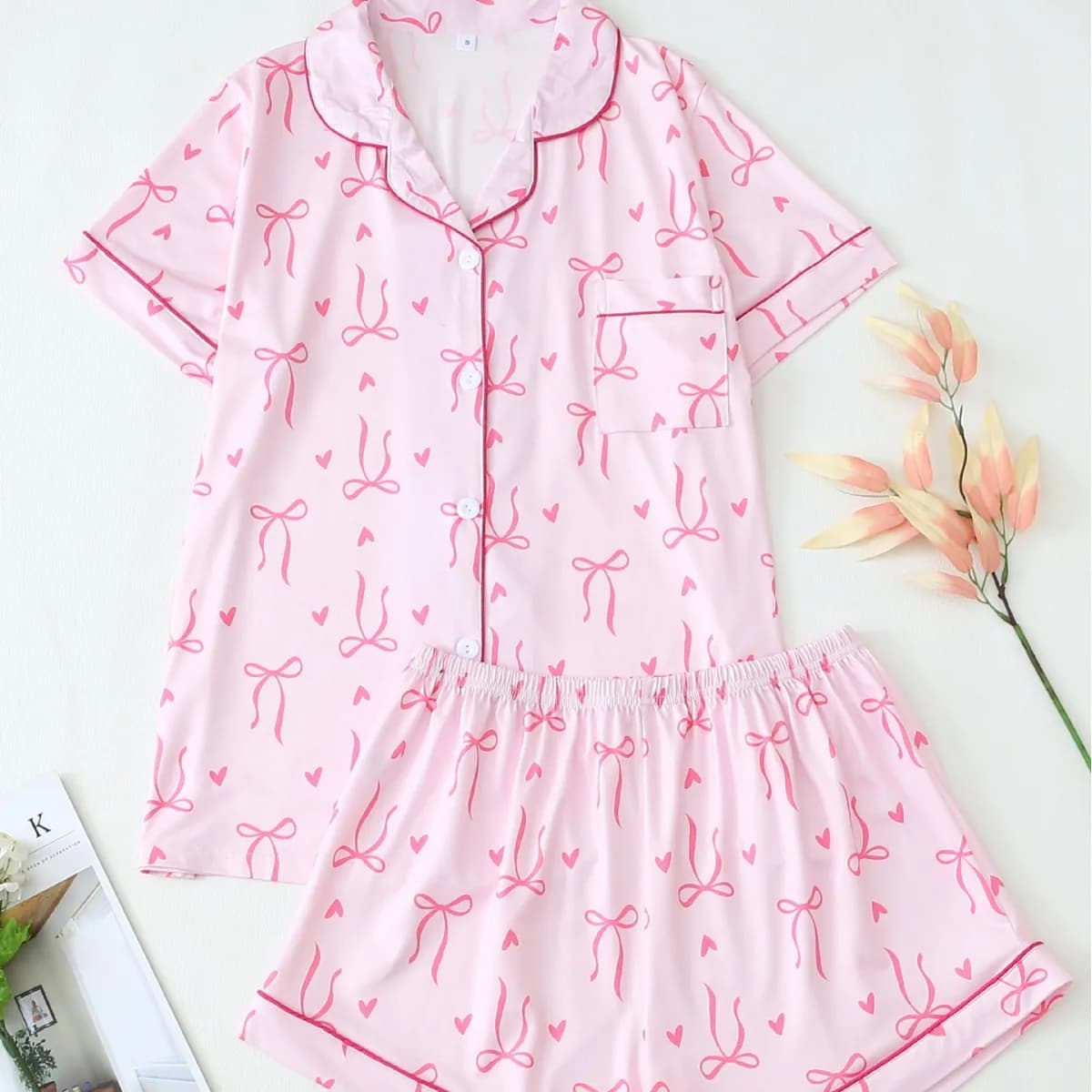 Pigiama estivo da donna Set manica corta bavero carino stampa bowknot rosa indumenti da notte homewear femminile per il tempo libero pigiama ampio