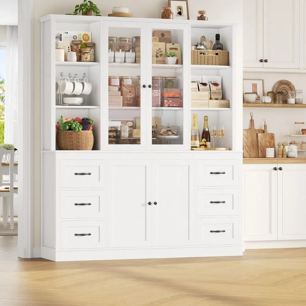 Large White Pantry Cabinet with Glass Door and Wine Storage, Kitchen Hutch Bookcase