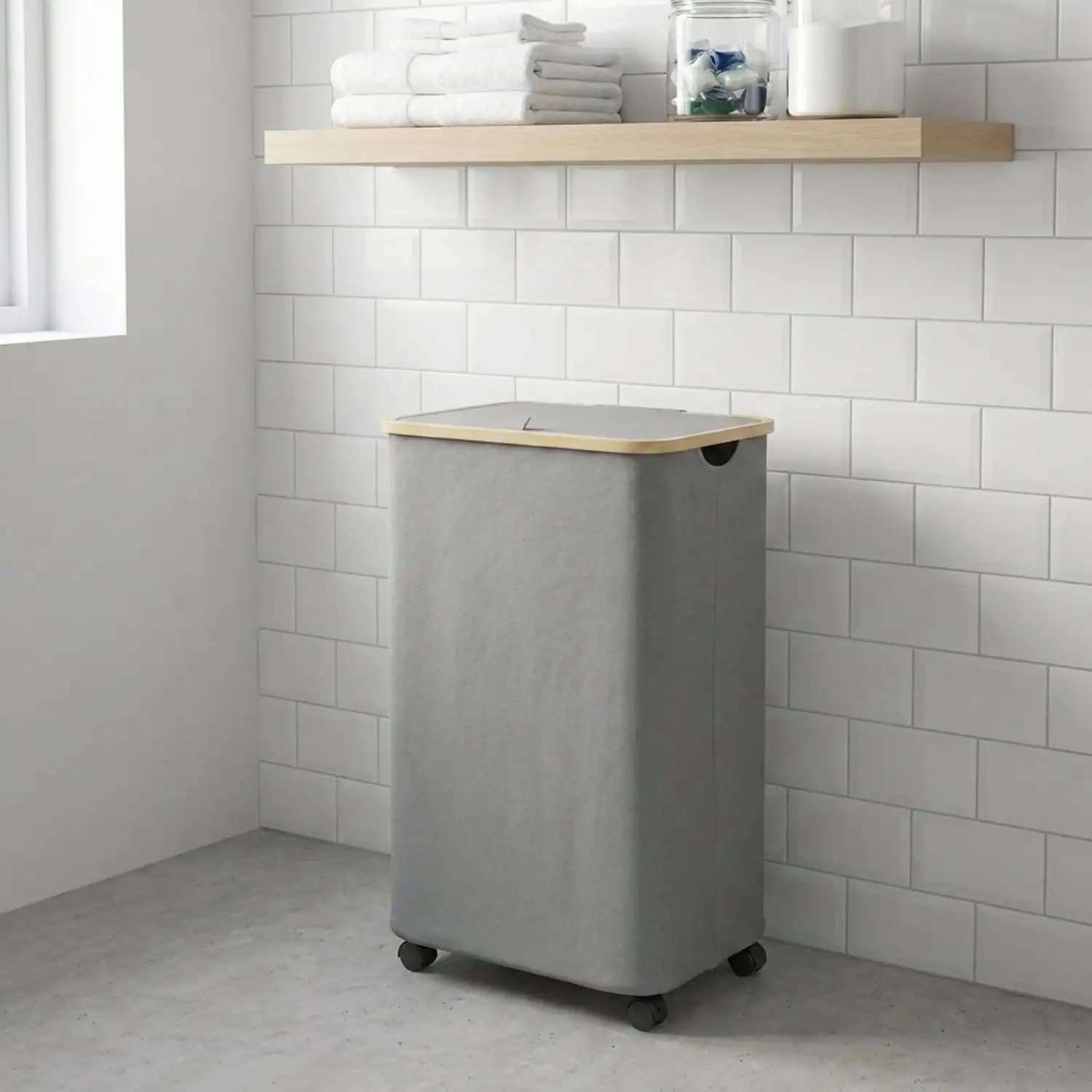 100L Rolling Laundry Hamper Modern Grey Fabric Dirty Clothes Basket Wooden Bamboo Handle Lid Lockable Wheels Collapsible Storage Organizer Bins Unit For College Dormitory Bedroom Bathroom Back To School Gift