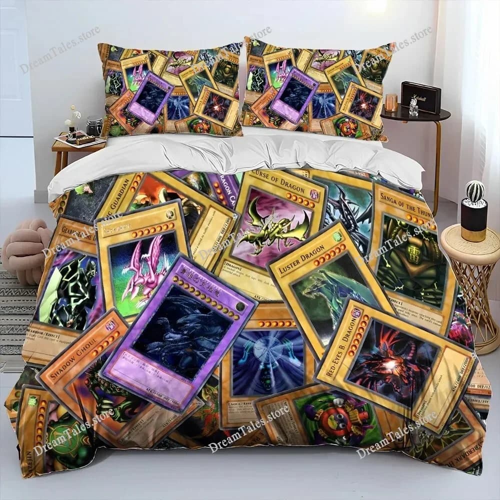 Set di Biancheria da Letto in Poliestere con Stampa Cartoni Animati Yu-Gi-Oh MONSTER CARD, Copripiumino e Federe per Ragazzi e Ragazze, Misure King Queen Twin