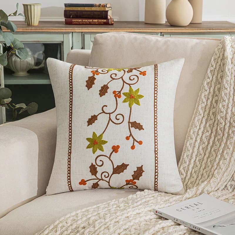 Fodera per cuscino decorativa 45x45cm ricamata con motivo floreale, in tela di cotone stile rustico, per divano
