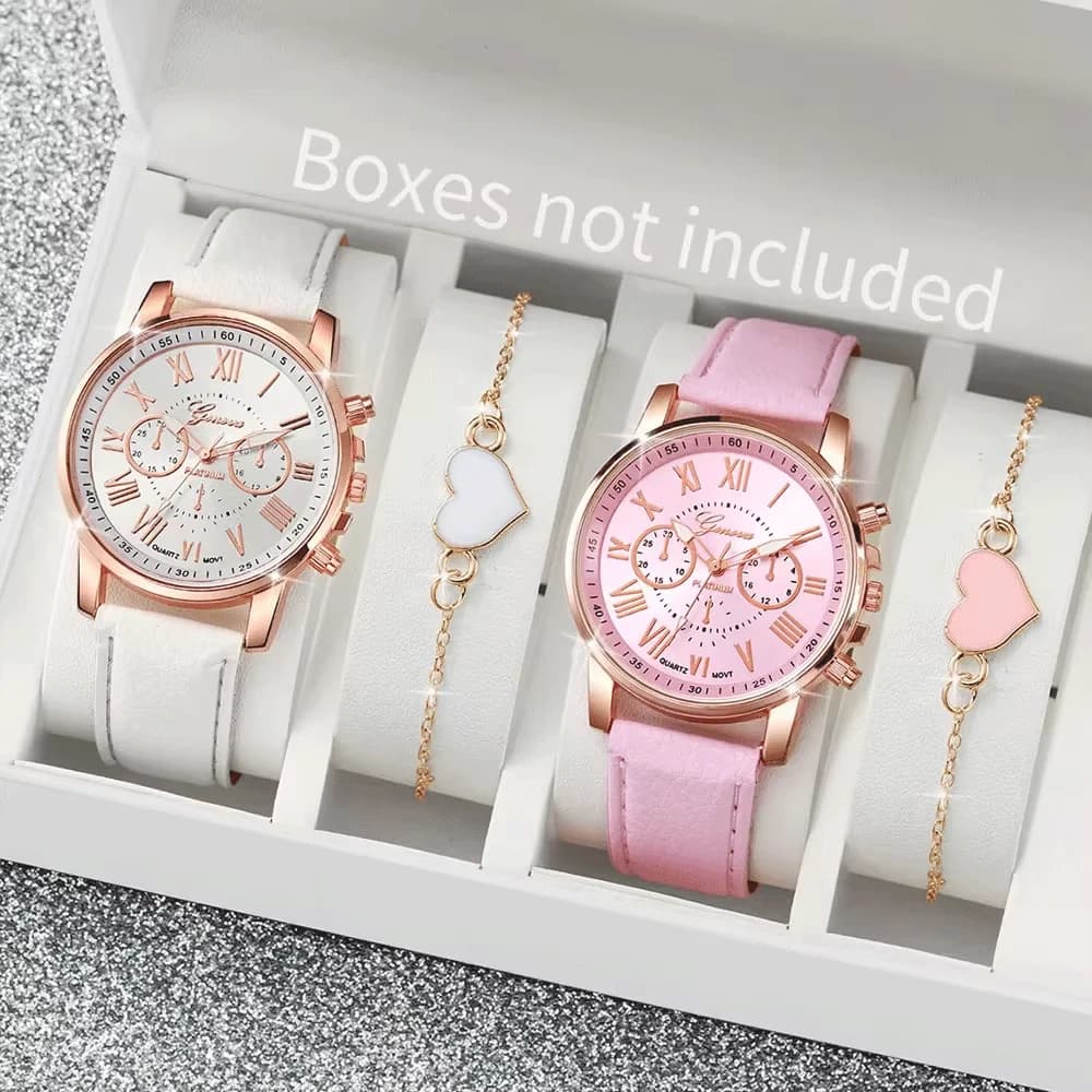 4 pezzi moda donna orologi semplice quadrante Roma orologio al quarzo cinturino in pelle da donna orologi da polso set di bracciali a cuore