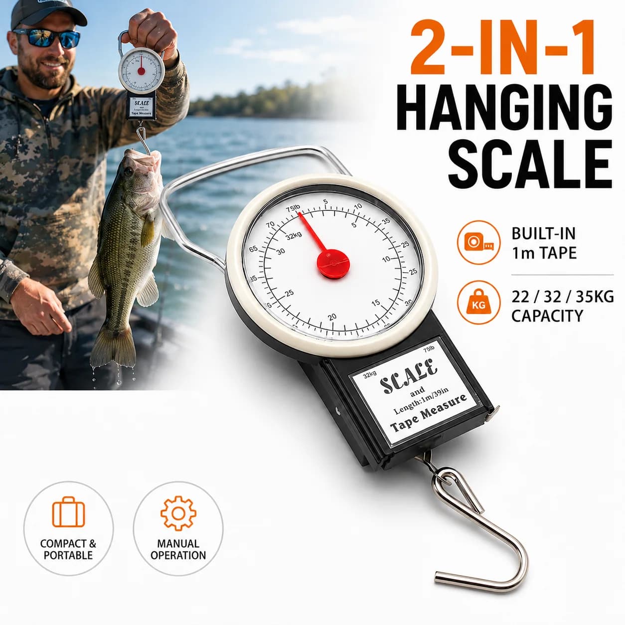 VIKINGAR 35kg Portable Mechanical Hanging Spring Scale with Tape Measure Pointer Hook Weighing Scale for Fishing Luggage Grocery