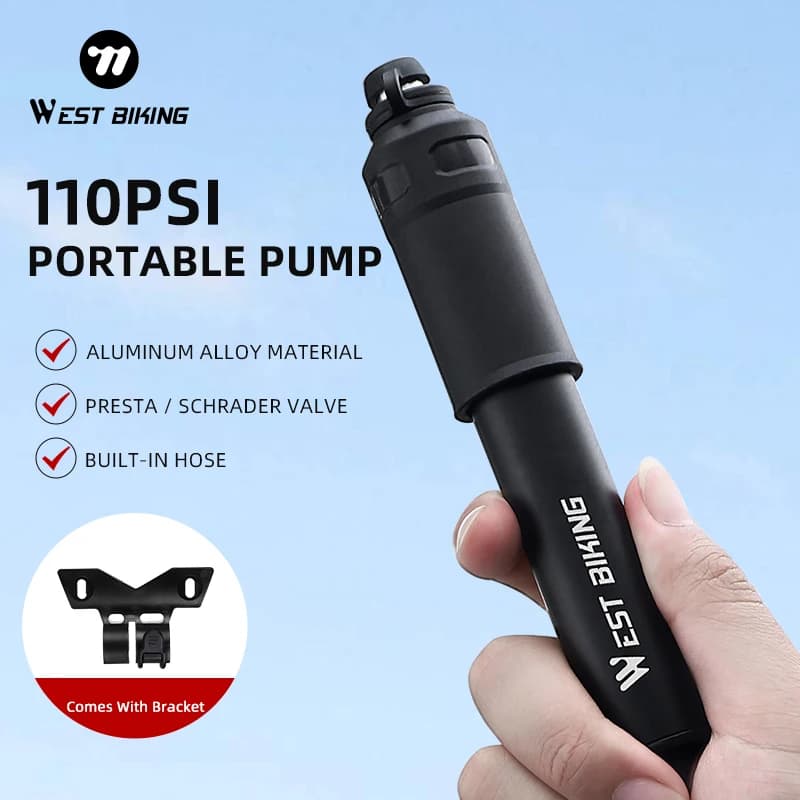 WEST BIKING Mini Portable Bicycle Pump 110PSI Hand Air Pump MTB Road Bike Tire Inflator With Extension Hose Cycling Accesories