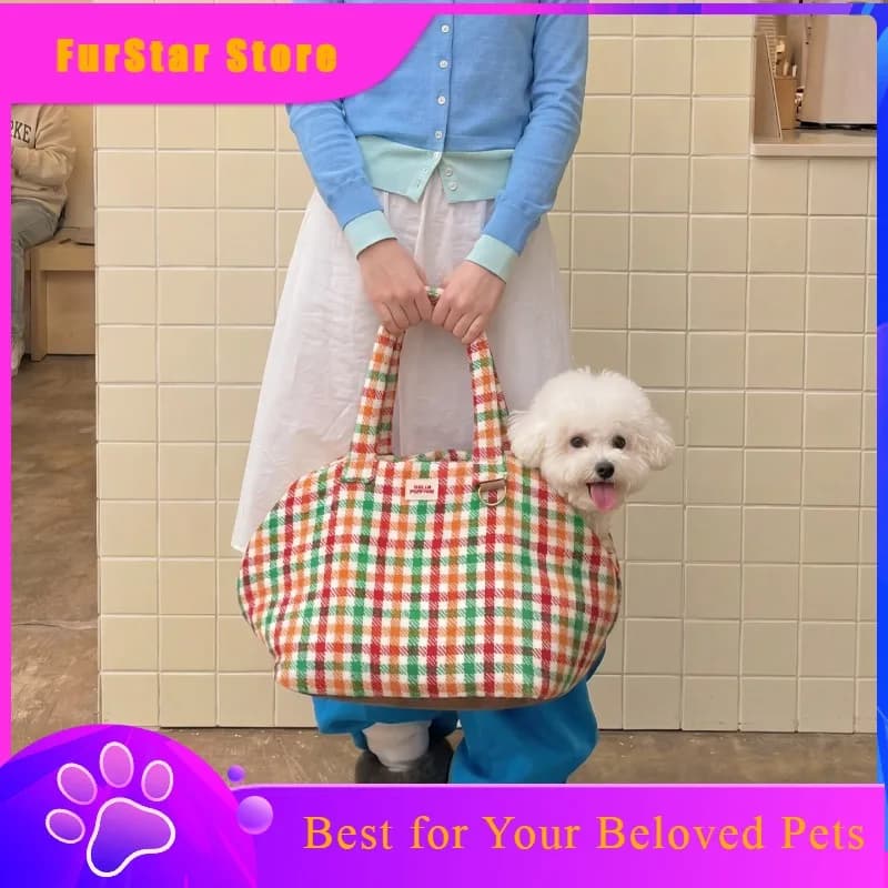 FurStarVintage Plaid Pet Carrier Shell Bag For Bichon Yorkie Deep Sleep Nest Cat Dog Outing Pet Christmas Bag Dog New Year Gift