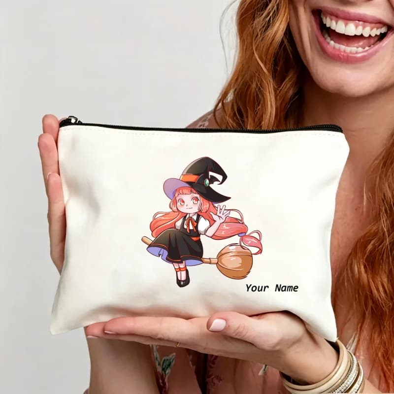 Custom Name makeup bags Halloween Witch girl Make up Bag Cosmetic Pouch Zipper Travel Toiletry Storage Bag Women Beauty Handbag