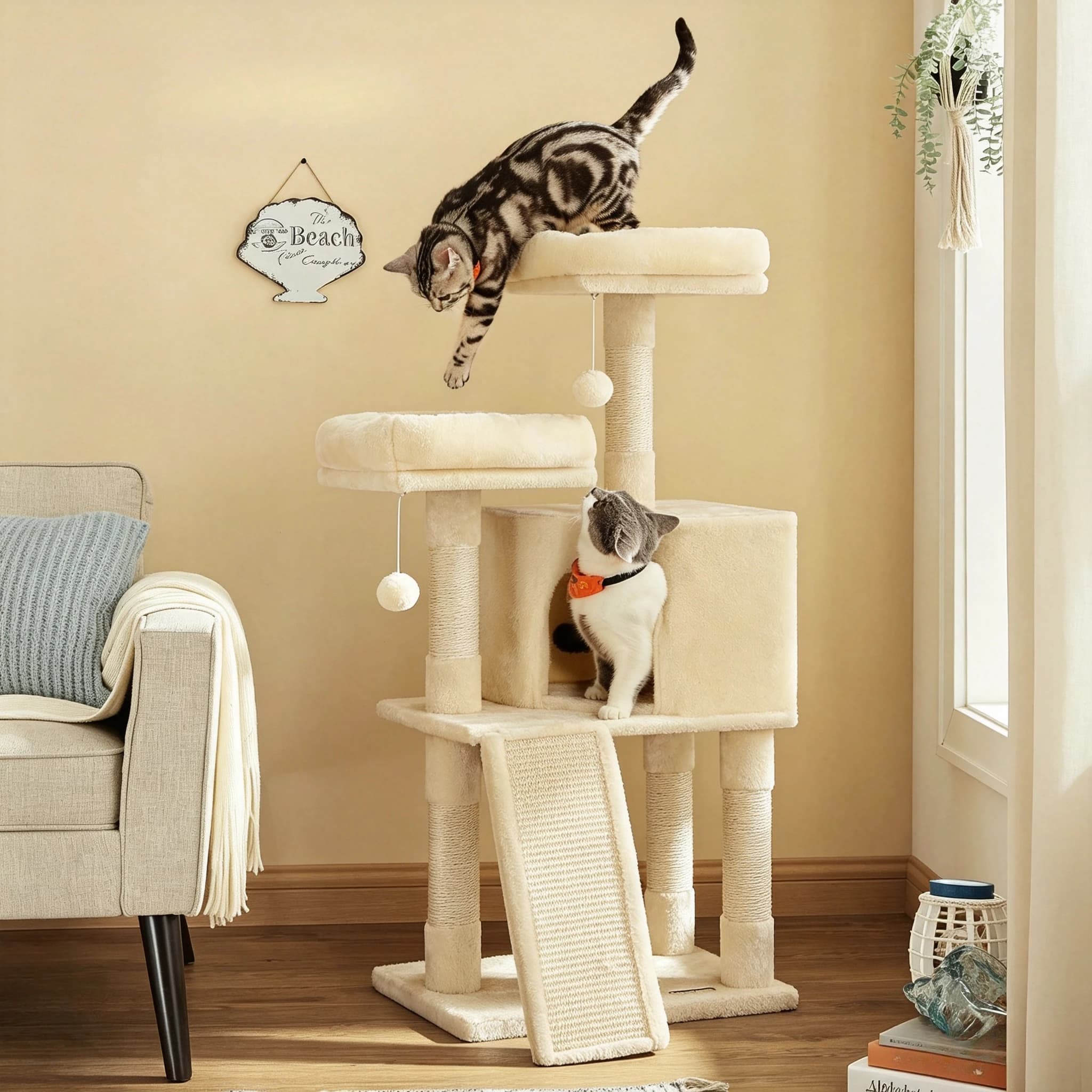 45.3IN Multi-Level Cat Tower for Indoor Cats, Compact Tree with Scratching Post, Climbing Ramp, Perch & Large Hideaway Cave for Small Spaces