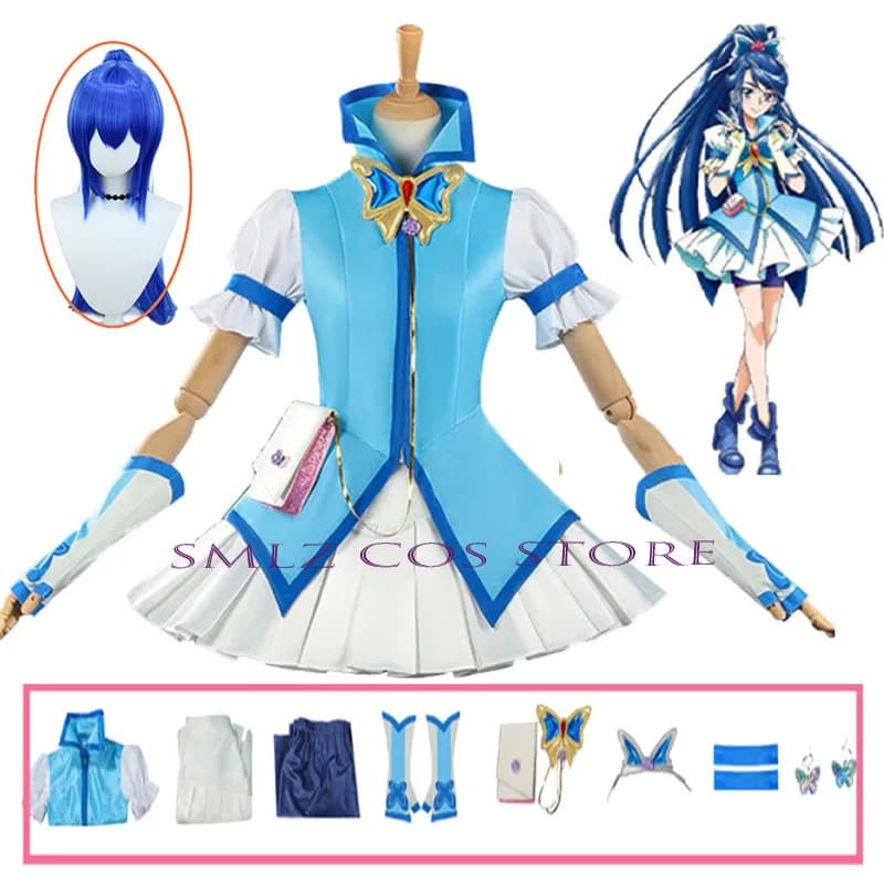 Costume Cosplay Minazuki Karen Anime Yes! Precure 5GOGOGO, Set Complete with Dress, Coat and Wig Cure Aqua for Woman and Girl