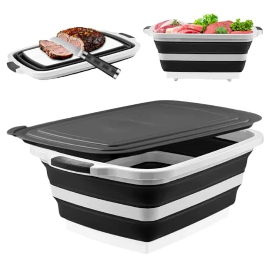Tagliere Pieghevole con Vasca per Preparazione BBQ e Coperchio, Contenitore Pieghevole per Preparazione Pasti, Marinatura, Conservazione Alimenti, Grigliate