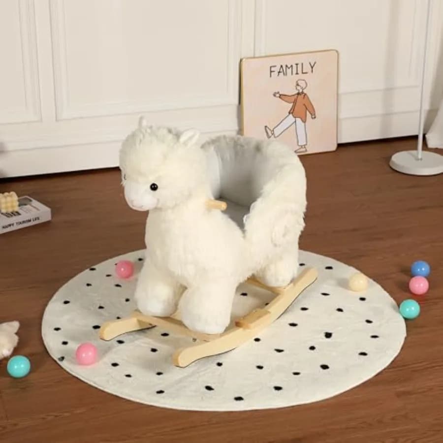 Cavallo a dondolo in legno a forma di alpaca con ninna nanna, marionette e cintura di sicurezza, dondolo in legno con peluche per bambini da 1 a 3 anni, per maschietti e femminucce, Nur