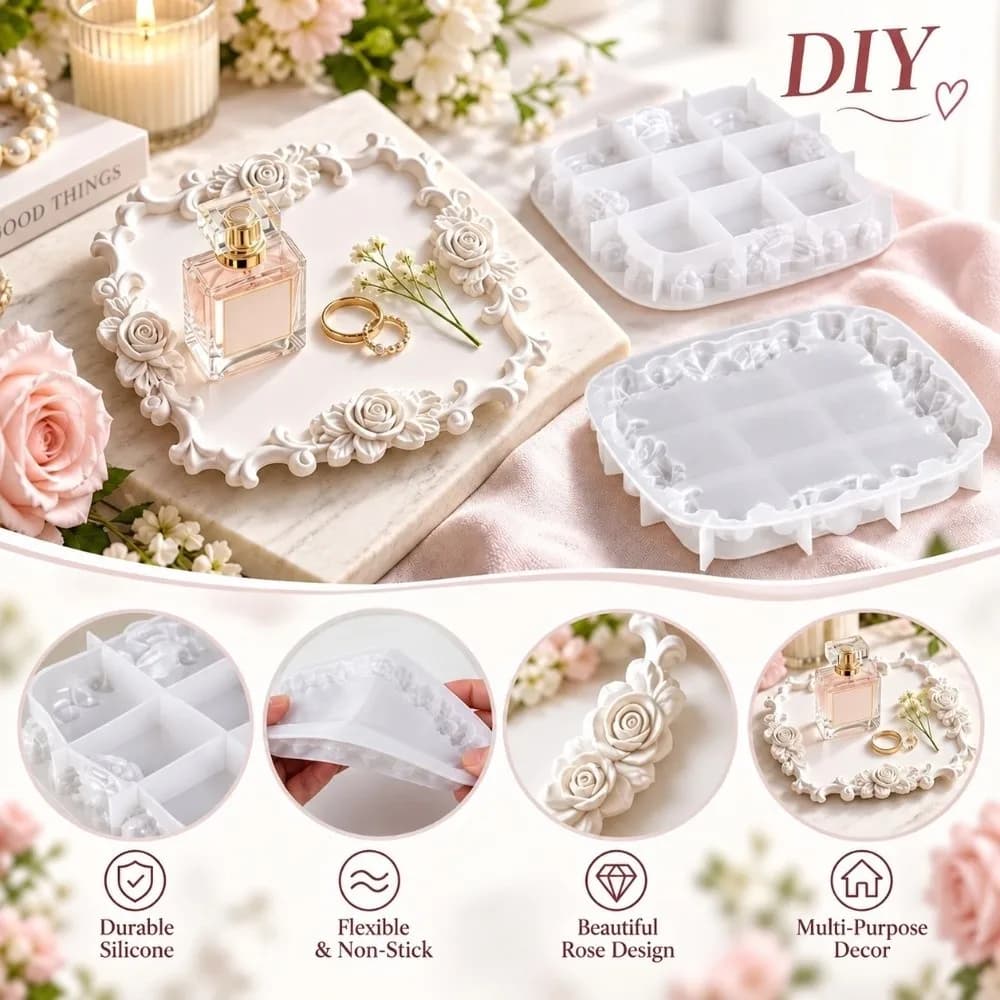 Flexible Silicone Rose Lace Tray Silicone Mold Reusable Easy Release Epoxy Resin Casting Mold Tear Resistant Rose Lace Edge