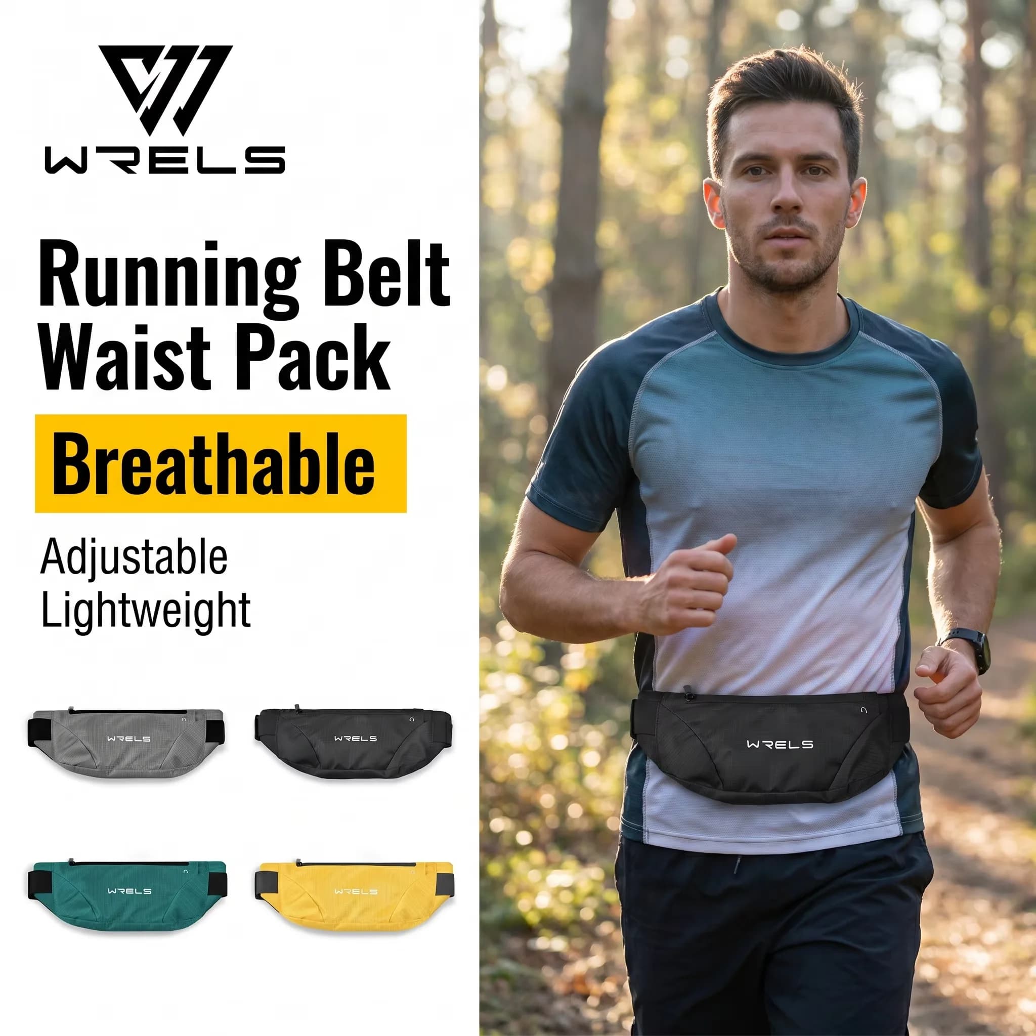 WRELS Running Belt Waist Pack Breathable Fanny Pack Zipper Headphone Key Hook Adjustable Lightweight Running Pack Waist Bag